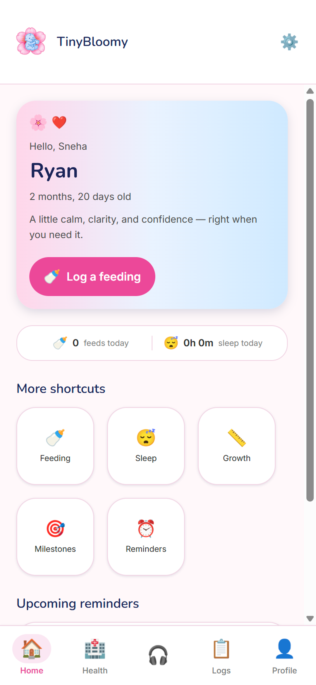 TinyBloomy home for Ryan: greeting, log a feeding, today's feeds and sleep