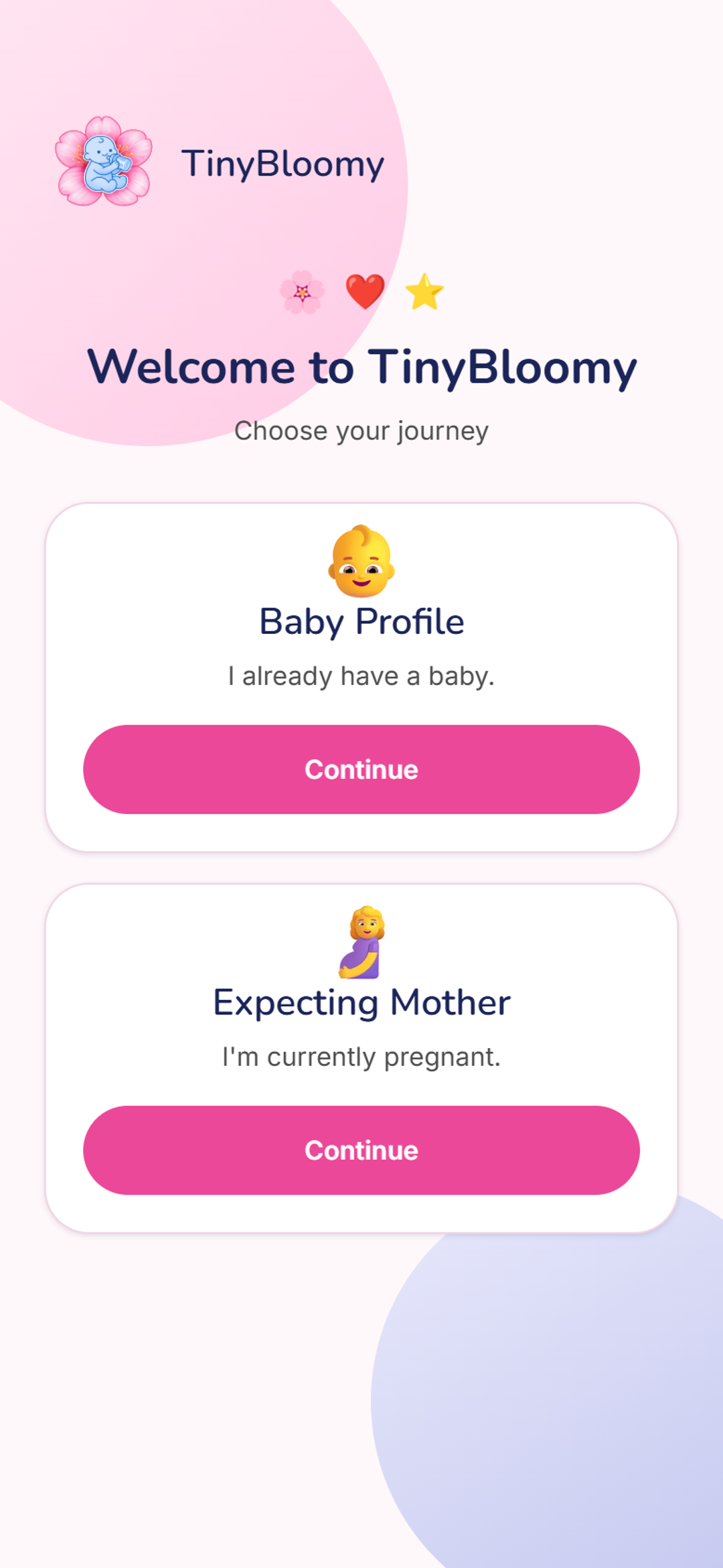 Welcome to TinyBloomy: choose Baby Profile or Expecting Mother