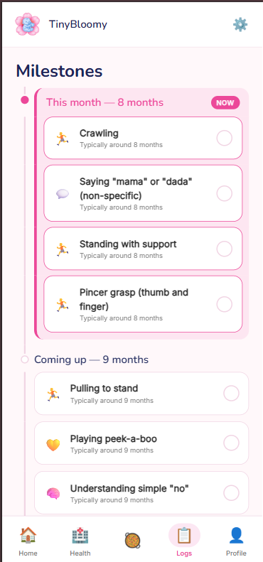 Milestones at 8 months marked NOW, with 9 months coming up