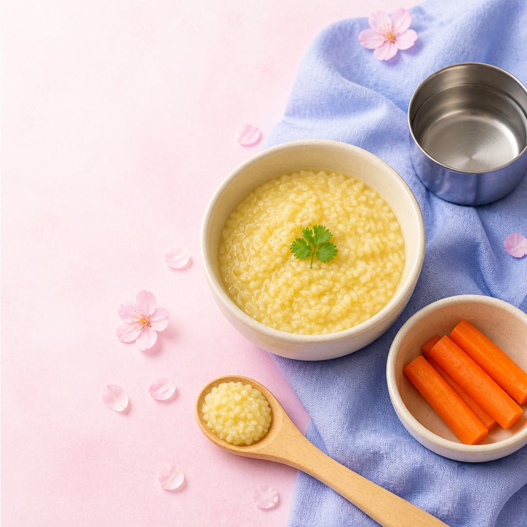 Khichdi, carrot sticks, and a wooden baby spoon on muslin