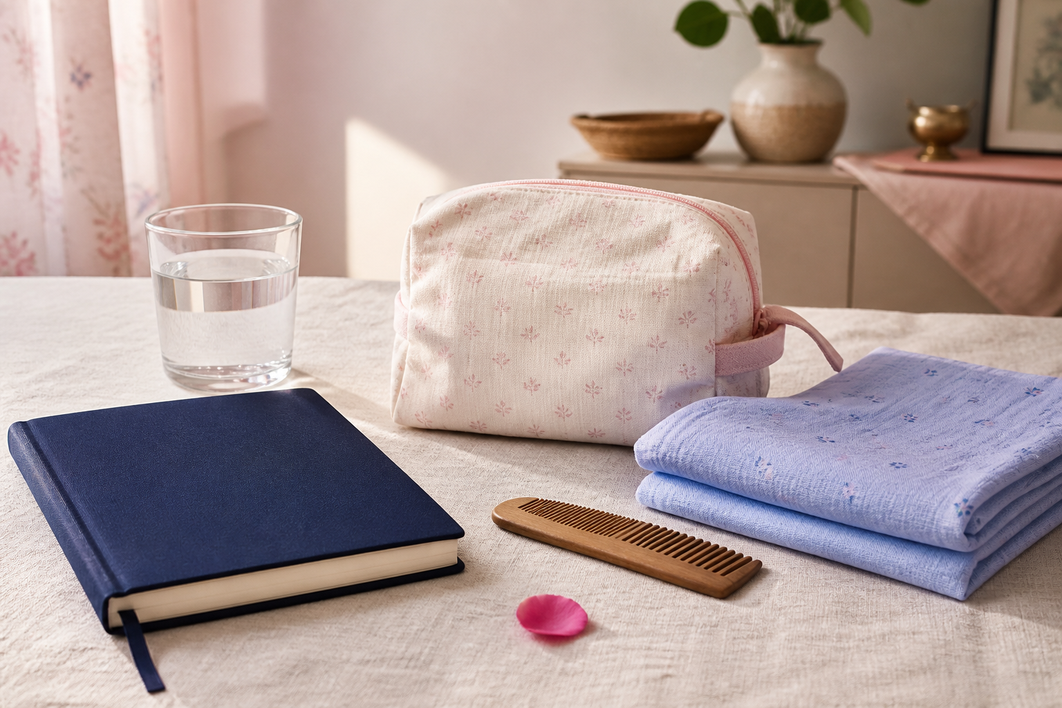 Quiet pregnancy still life: water glass, notebook, muslin, blossom